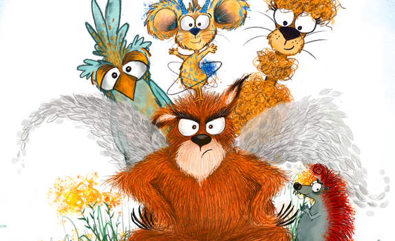 The Grumpy Gaboon (a bear-like creature with long claws and wings) sits angrily with his woodland friends around him.
