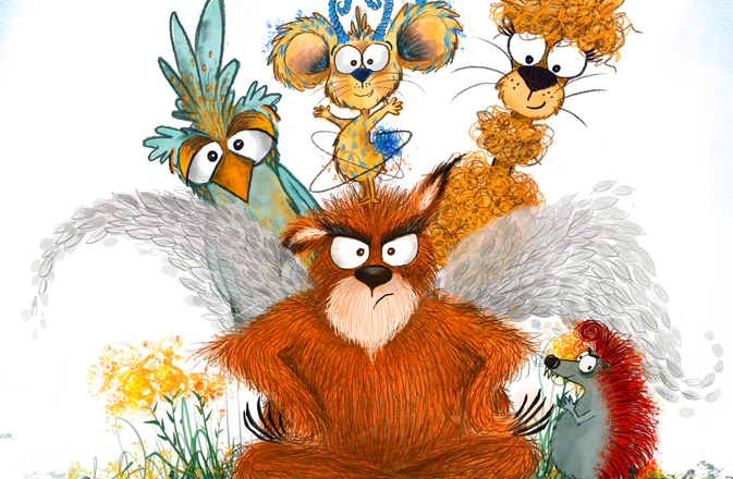 The Grumpy Gaboon (a bear-like creature with long claws and wings) sits angrily with his woodland friends around him.