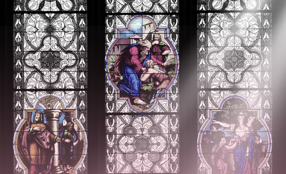 A ray of sun shines over stained glass.