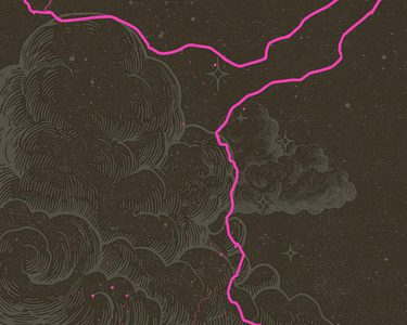 A stormscape with pink lightning coming down.