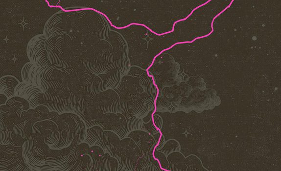 A stormscape with pink lightning coming down.