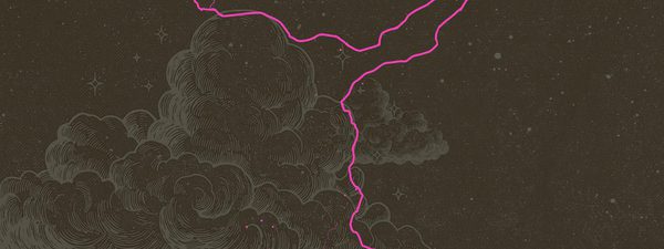 A stormscape with pink lightning coming down.