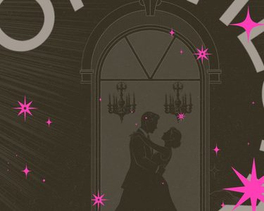 An illustartion of two young lovers dancing under chandeliers with pink stars surrounding them and moonlight.