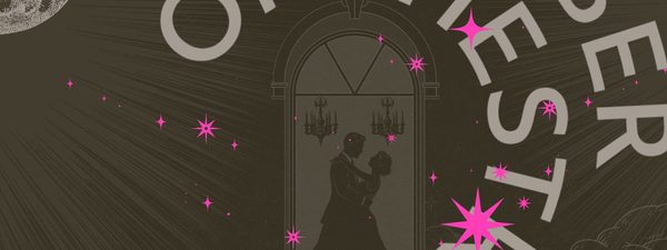 An illustartion of two young lovers dancing under chandeliers with pink stars surrounding them and moonlight.