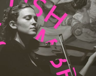 Lorenza plays her violin in front of a painting. Her eyes closed.