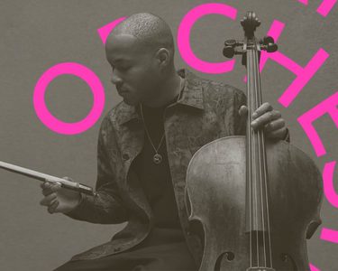 Sheku holds the cello in one hand and an outstretched bow in the other while facing to the right.