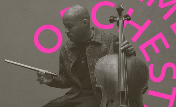 Sheku holds the cello in one hand and an outstretched bow in the other while facing to the right.