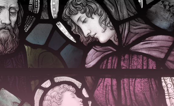 Stained glass window depicting Virgin Mary, Joseph and the infant son