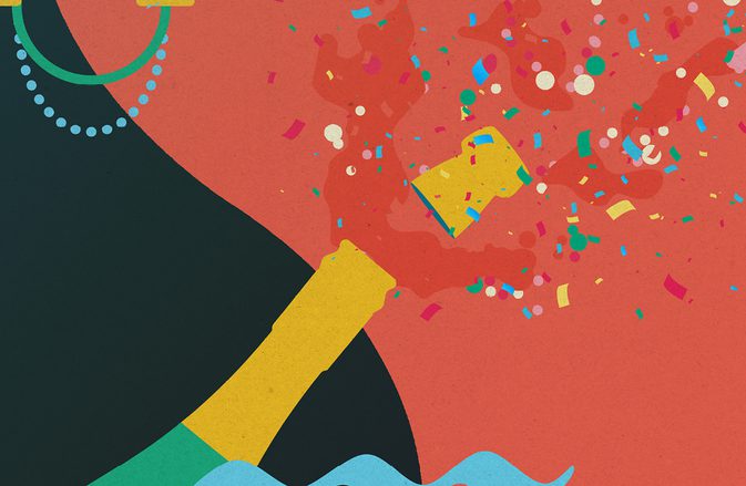 A cartoon drawing of a champagne bottle with the cork popping out alongside confetti, with a chandelier hanging above, set against a dark green and bright red background.