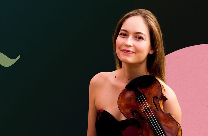 Geneva Lewis with her violin, smiling at the camera against a dark background with shapes in various shades of pink.