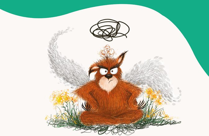 A bright yellow, green, and white background with a cartoon drawing of the Great Grumpy Gaboon, a brown creature with white wings, sitting in a bed of flowers.
