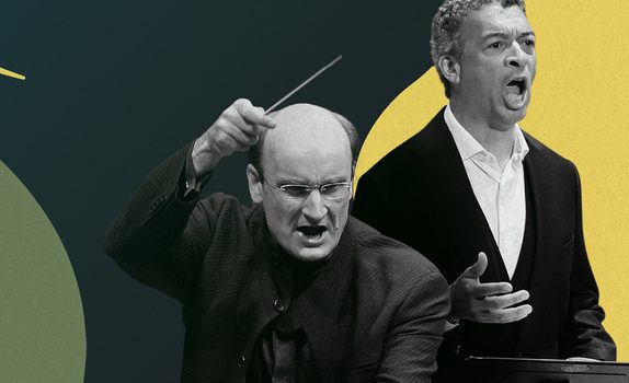 Conductor Andrew Manze with his baton raised, and baritone Roderick Williams singing, against a dark background with bright yellow, green, and pink shapes.