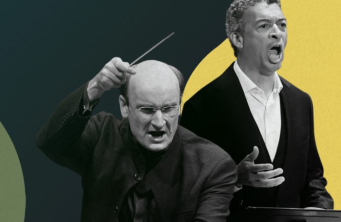 Conductor Andrew Manze with his baton raised, and baritone Roderick Williams singing, against a dark background with bright yellow, green, and pink shapes.