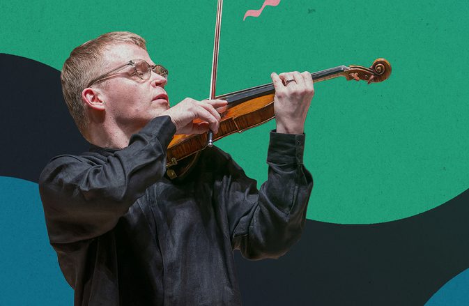 Violinist Pekka Kuusisto standing and playing his violin against a dark background with bright green, blue, and pink shapes.