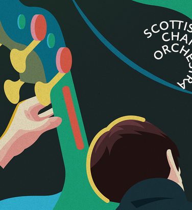 Banner for the 24-25 season, with a drawing of double bassist Nikita Naumov from the back playing his bass, and the words "Music for everyone".