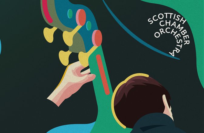 Banner for the 24-25 season, with a drawing of double bassist Nikita Naumov from the back playing his bass, and the words "Music for everyone".