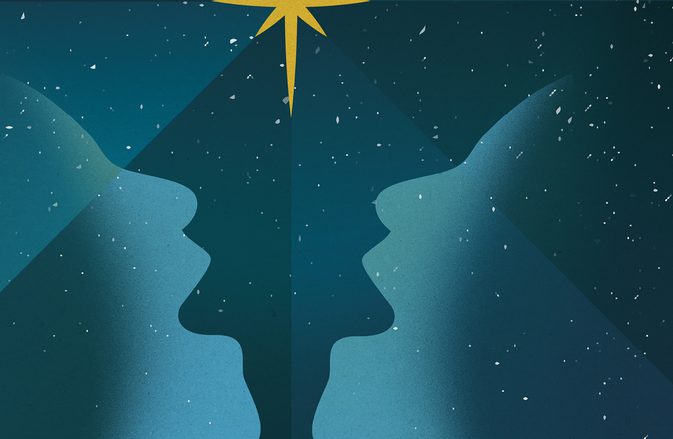 Against a dark, starry night sky with a large bright star on the left, two silhouettes of faces with mouths opened are tilted up as if singing to the star.