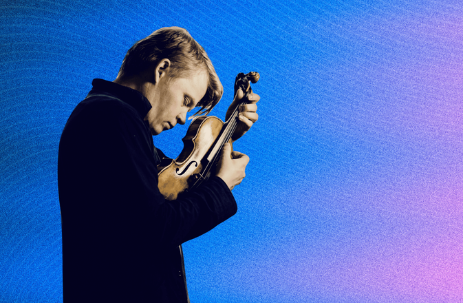 Pekka Kuusisto gently strumming his violin with eyes closed, set against a gradient background of blue, pink, and orange waves.