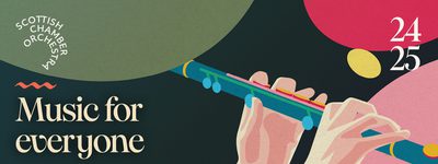 Banner for the 24-25 season, with a drawing of two hands playing the flute, and the words "Music for everyone".