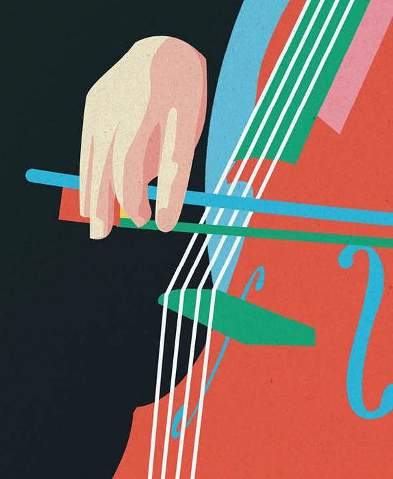 An illustration of a cello in bold colours