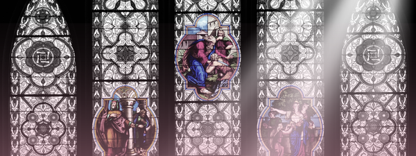 A ray of sun shines over stained glass.