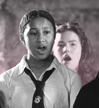 3 members of the Craigmillar youth choir sing, they wear school unirom.