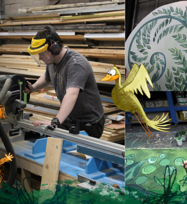 A collage of images of students working on the Great Grumpy Gaboon set including painting, carpentry, and design