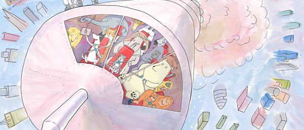 Illustration of animals in a spaceship