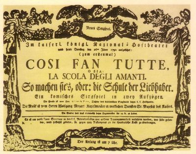 An advert, mostly in Gothic script, showing details of the premiere of Mozart's 'Così fan tutte'
