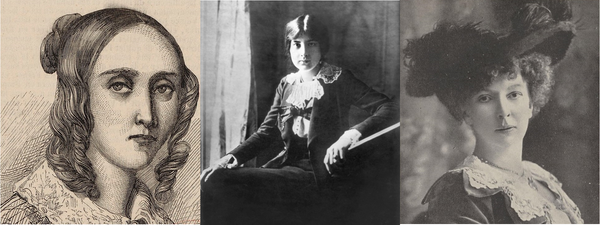 A drawing and two photographs of women in distinctive fashions of the period (around 1855, 1918 and 1913), all three looking out towards the viewer