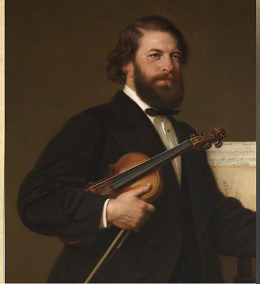 A violinist shown at three different ages: as a young man in a drawing, middle-aged in a painting and elderly in an old photo