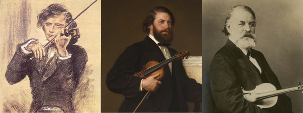A violinist shown at three different ages: as a young man in a drawing, middle-aged in a painting and elderly in an old photo