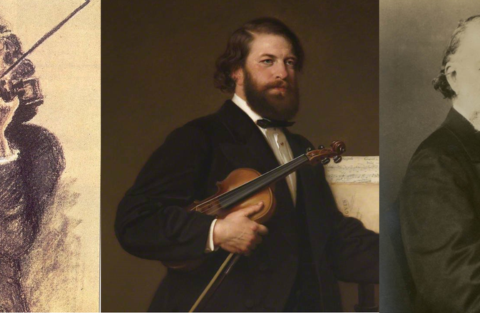 A violinist shown at three different ages: as a young man in a drawing, middle-aged in a painting and elderly in an old photo