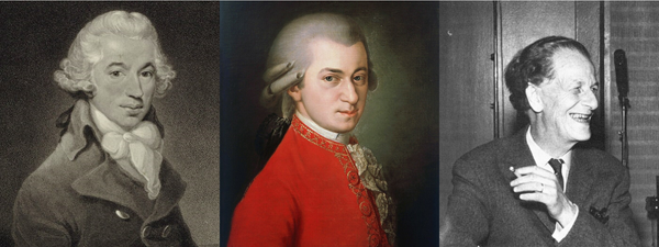 Three men, the first two in 18th century formal dress (one in black and white, one in a red coat), the last in an old photo, smoking