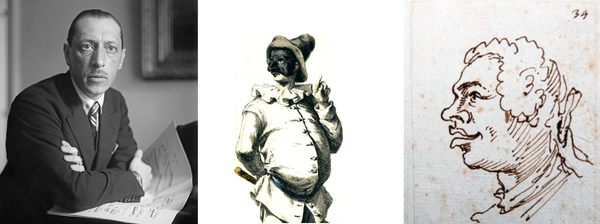 Three pictures: a man leans forward, his elbows on some sheet music; a man with a large belly, wearing a black carnival mask; a caricature sketch of a man in a wig