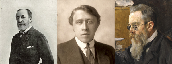 Three men, dressed formally: one Victorian, with a short grey beard, one young and clean-shaven, in sepia, the last (in a painting) with a long grey beard and glasses