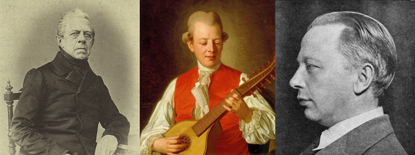 Three Swedish composers: Bellman (in the middle, in 18th century dress) is playing the cittern, with formal photographs of Berwald to his left and Atterberg to his right