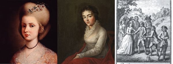 Three women: one in a high wig and flowers in her hair, another sitting in profile, and (in a drawing) standing in a group as part of a stage production