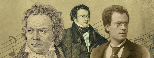 Beethoven, Schubert and Mahler illustrated from left to right