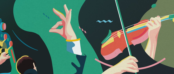A mixture of illustrations including a conductor's hand, a double bass and violin.
