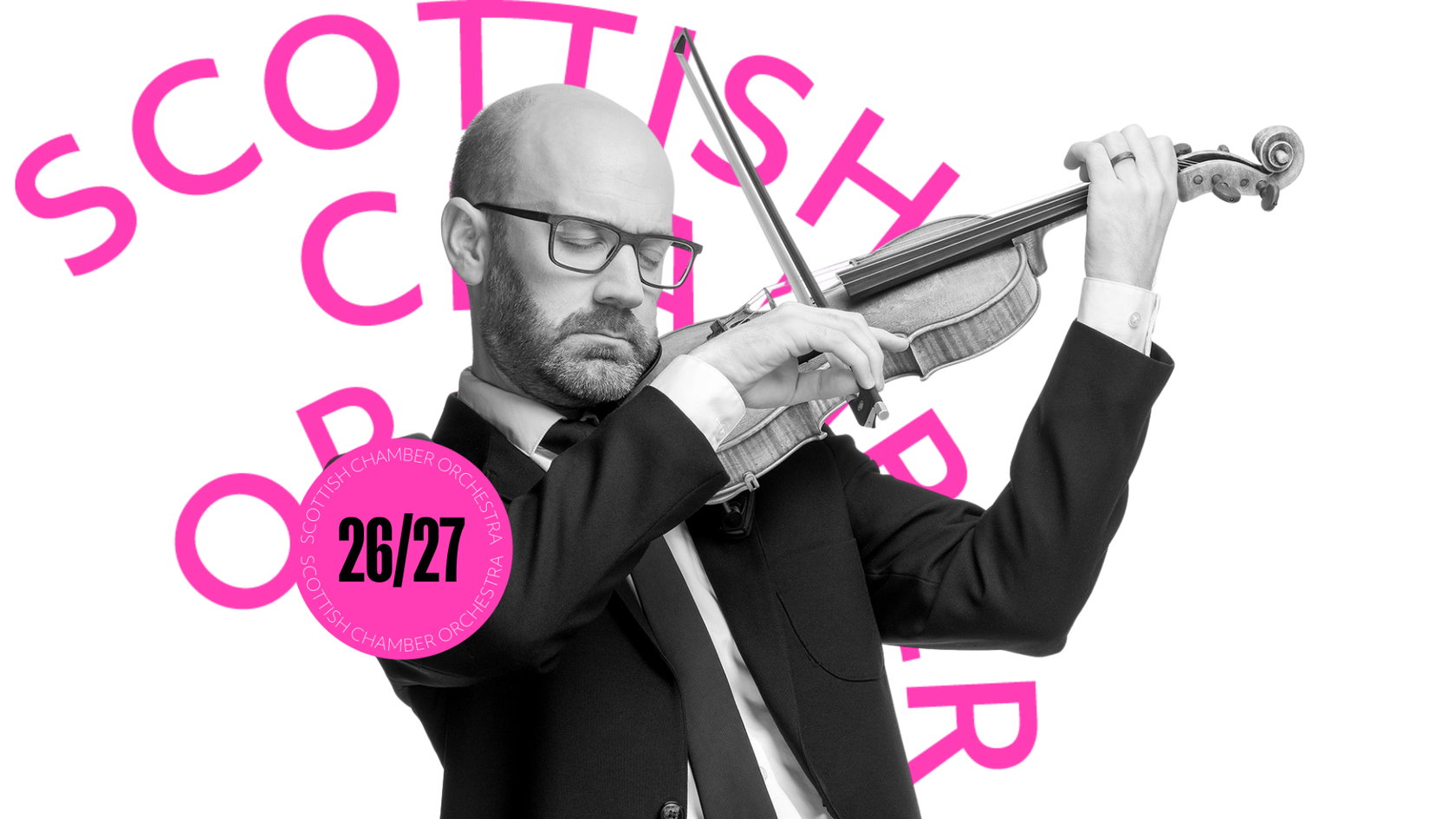 Gordon plays the violin. There is a big SCO logo in pink and sticker wtih 26/27 written in it.