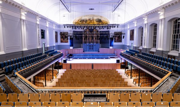 The stage of Aberdeen Music Hall, photographed from the back of the balcony.