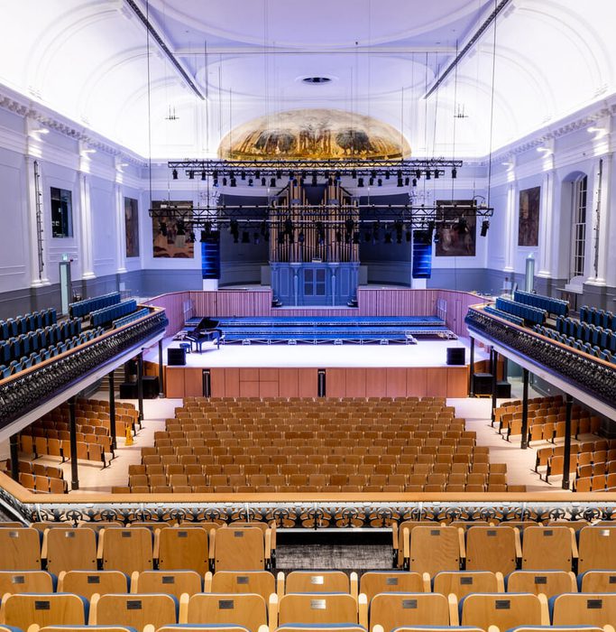 The stage of Aberdeen Music Hall, photographed from the back of the balcony.