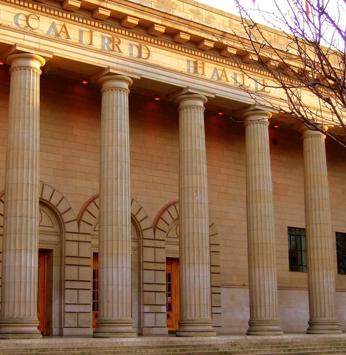 Caird Hall pillars in sunlight
