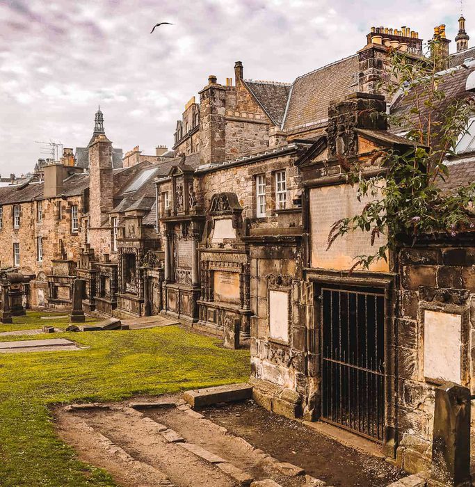 Greyfriars Kirkyard in Edinburgh on a grey day.